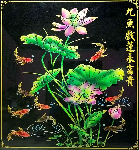 Nine koi and lotus painted stone plaque