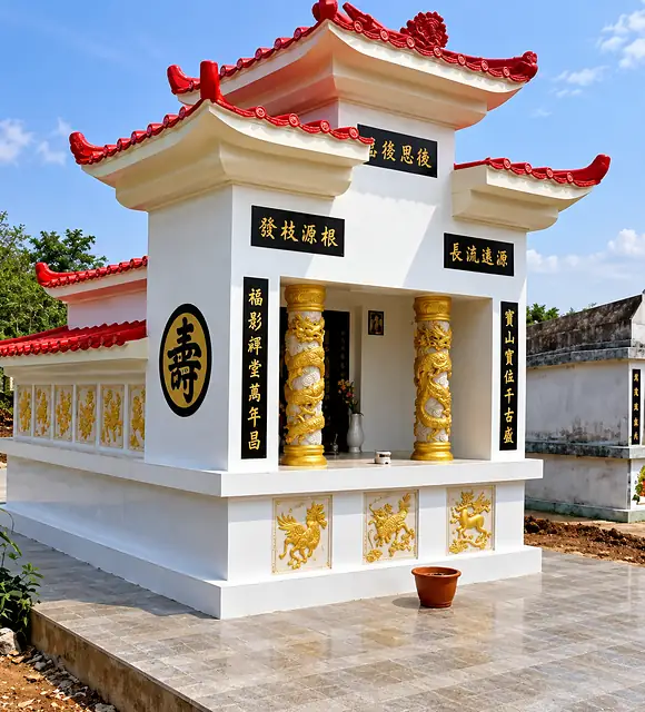 白色中式墓园,金龙柱与红色屋顶