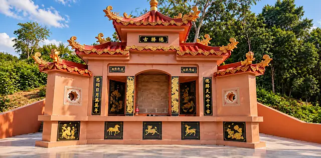 砖红色中式墓园,金色十二生肖图