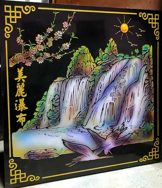 美丽瀑布彩绘石板