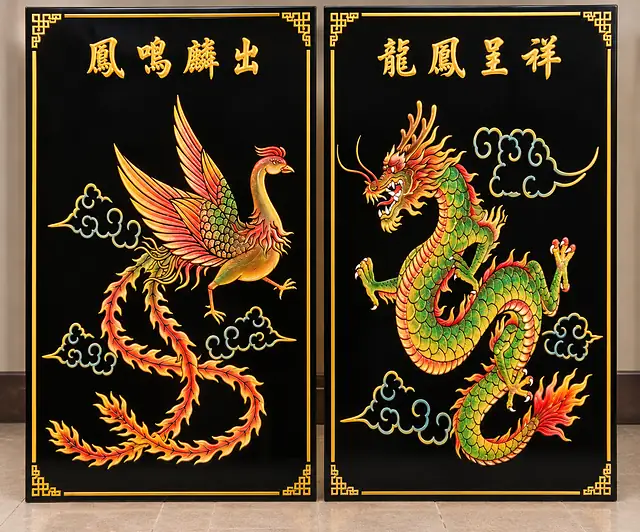 黑花岗岩龙凤呈祥彩绘石板一对